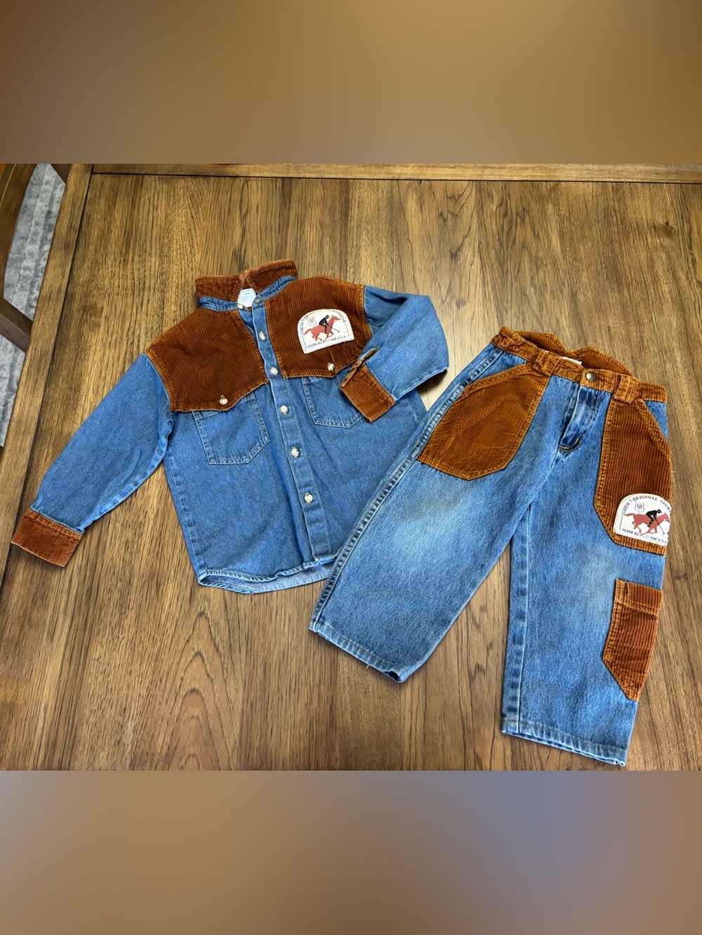 Kids Two-Piece Denim & Corduroy Set - Rust Brown Accents